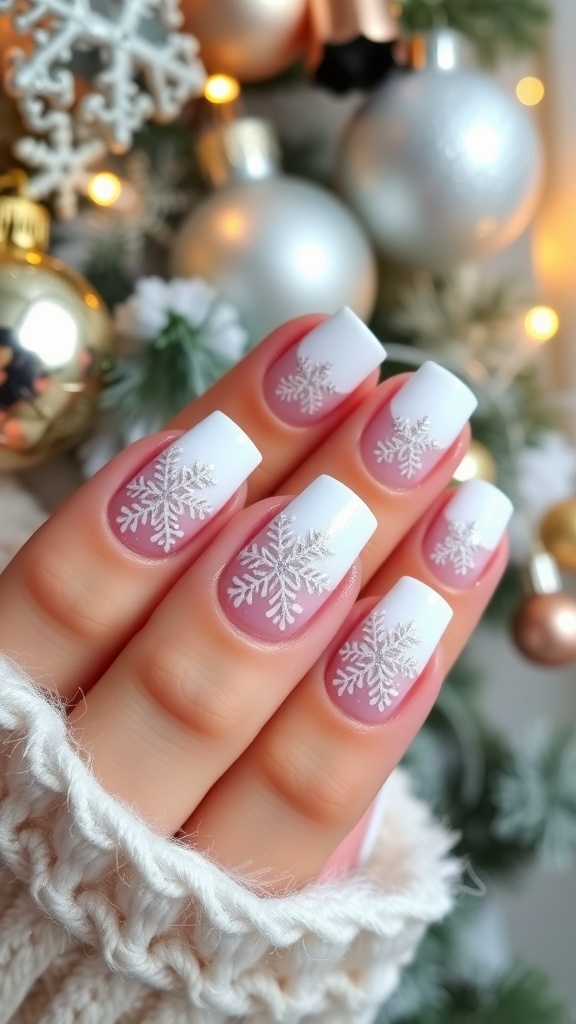 Elegant white Christmas nails with snowflake designs and glitter, set against a festive background.